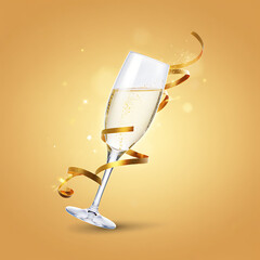 Elegant champagne glass with golden ribbons and sparkling bubbles