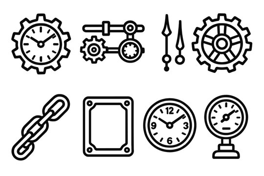 Industrial Clock Icons. Industrial Time Theme linear icon set. gear clock, mechanical parts, steel hands, cogwheel, chain links, metallic frame, clock face, pressure gauge