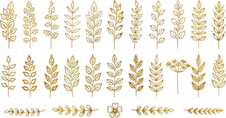 Golden botanical elements and decorative branches leaf