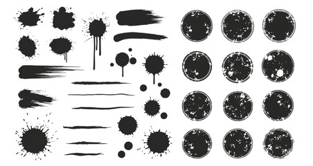 Versatile collection of black paint splatters grunge brush strokes spray graffiti stencil elements and ink blotches for dynamic design projects