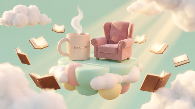 3d illustration of a cozy reading sanctuary in the sky. A pink armchair, steaming mug, and floating books among pastel clouds. Fantasy and imagination concept