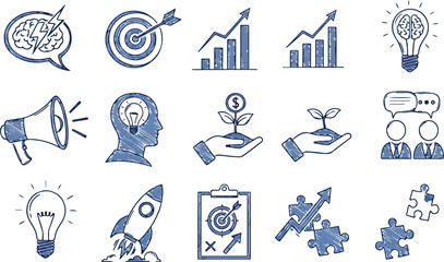 Hand Drawn Business and Idea Icons Set Keywords business, idea, brainstorm, thinking, light