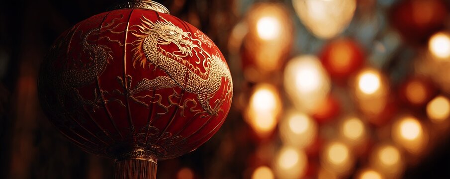 Close-up of traditional red Chinese lantern with golden dragon design, concept for lunar new year festival, cultural celebration and asian decoration
