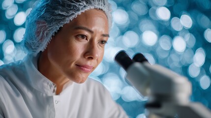 Focused female scientist examining samples under a microscope in a laboratory setting, highlighting dedication and scientific research.