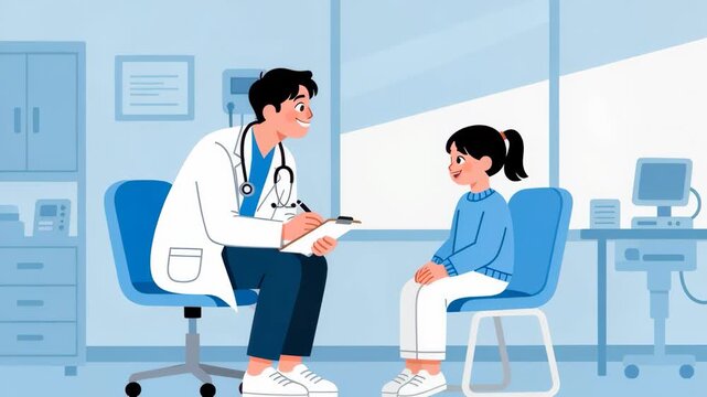 A caring doctor speaks to a patient in a bright clinic, ensuring comfort and trust.