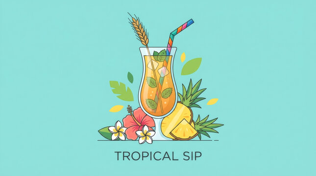 Illustration of a tropical cocktail with pineapple and flowers. Summer vacation drink on a turquoise background. Exotic refreshment concept with copy space