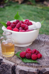 Fresh raspberries in a mortar with a bottle of natural herbal extract or essential oil outdoors.