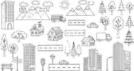 Hand drawn doodle elements of city life and nature