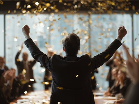 Rear view of CEO celebrating with arms raised while golden confetti falls, coworkers applauding. Concept for business success, corporate celebration and achievement