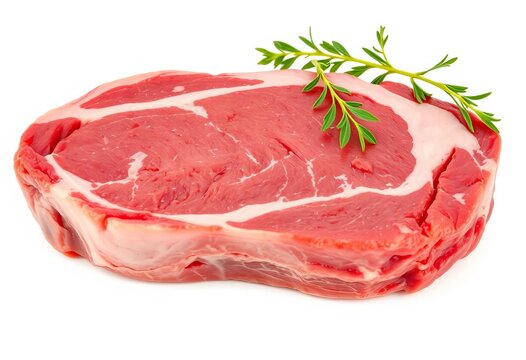 Thick-cut raw T-bone steak, marbling visible, isolated on white,  meat,  strip steak - Powered by Adobe