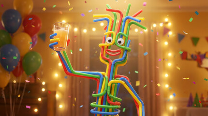 A whimsical character made of colorful straws celebrating at a party. The fun and creative figure makes a toast with a drink amid falling confetti and balloons