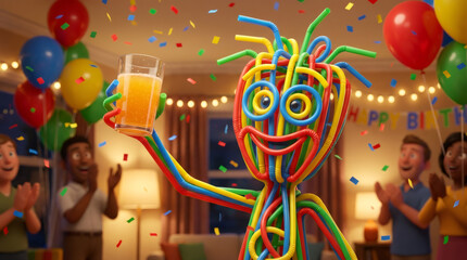 A colorful character made of drinking straws celebrating at a birthday party. The whimsical figure makes a toast with a glass of juice under falling confetti