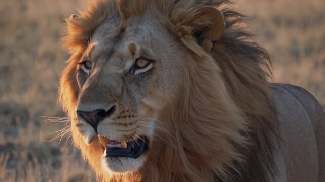 Lion with open mouth shows teeth. Wild male predator roaring in tall grass. Mane glows in warm light. Animal in nature. Safari setting visible. Lion roar powerful. Wild nature scene of lion predator