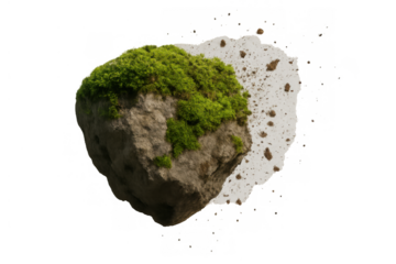 Floating rock with green moss and dirt falling, representing a fantasy concept of a levitating island on a transparent background