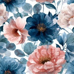 Naklejka premium Abstract watercolor flower pattern with pink, blue, and white flowers, and green leaves. Seamless floral design for wedding invitation or wrapping paper.
