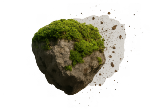 Floating rock with green moss and dirt falling, representing a fantasy concept of a levitating island on a transparent background