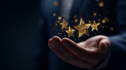 Close up hand of businessman holding floating gold stars with bokeh lights effect. concept for employee recognition, top rated service and award winning