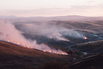 Fototapeta premium Wildfire burning across rolling hills with smoke and subtle glow, dry grassland landscape at dusk, environmental disaster, atmospheric and dramatic scene