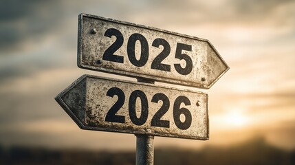 Directional signpost displaying '2025' and '2026' in vintage style, symbolizing the passage of time. Concept for future planning, year comparison and financial forecast