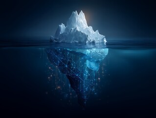 Fototapeta premium Digital iceberg floating in a dark blue sea showing data connection underwater, concept for data storage, information technology and security solution