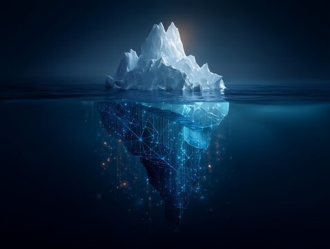 Digital iceberg floating in a dark blue sea showing data connection underwater, concept for data storage, information technology and security solution