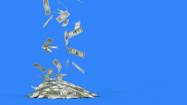 Banknotes fall from the sky and form a pile of money - 3D rendering