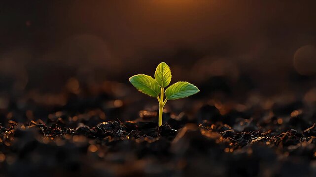 A delicate seedling rises from rich soil,  bathed in soft, warm light against dark scenery, hopeful
