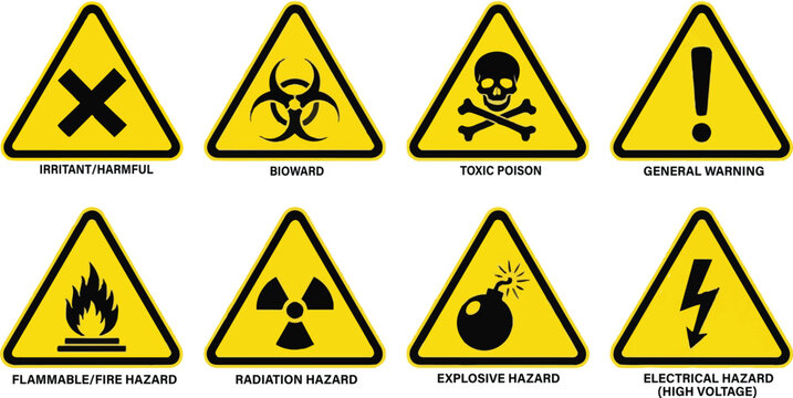 Yellow Warning Signs with Hazard Symbols danger caution