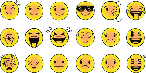Yellow Emoji Faces with Various Expressions and Emotions