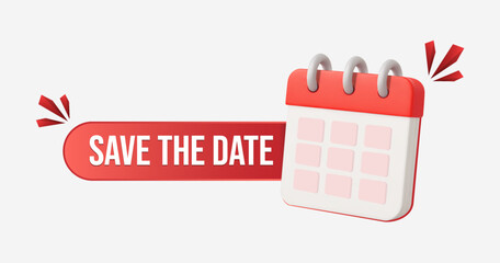 3D Save the Date red and white calendar icon. Perfect for event invitations, reminders, and scheduling graphics. Vector illustration