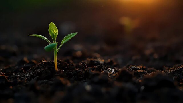 Tiny seedling rises from dark, moist soil as warm dawn light halos a fragile, hopeful sprout. today