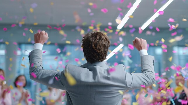 Successful project manager raising arms celebrating success in office with confetti. Concept for business achievement, corporate celebration and project milestone