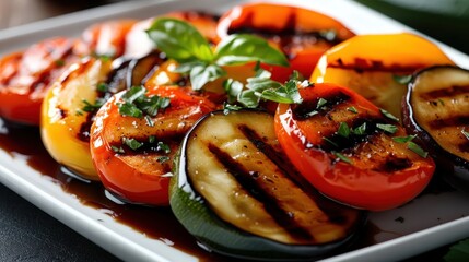 A vibrant display of grilled vegetables featuring colorful tomatoes, zucchini, and eggplant, garnished with fresh herbs and drizzled with balsamic glaze on a sleek white plate.