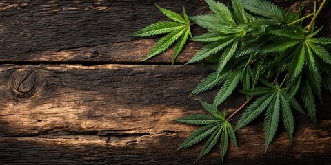 Naklejka premium Fresh cannabis leaves on a rustic dark wooden surface in top view, concept for medicine, alternative therapy and recreation