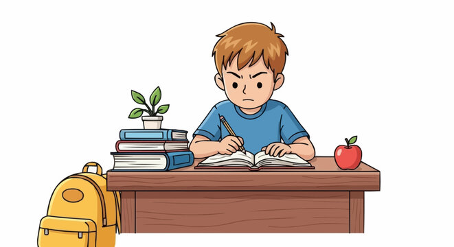 Young boy diligently studying at his desk with books and backpack.