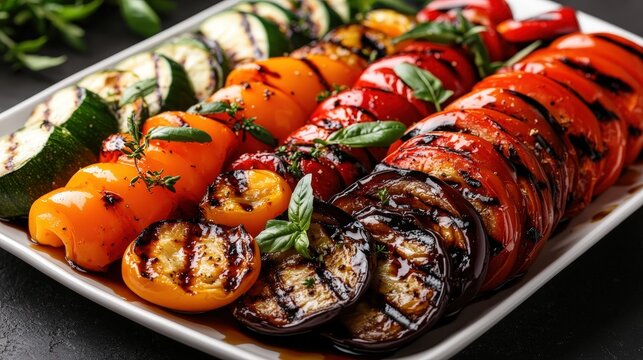 A vibrant arrangement of grilled vegetables featuring zucchini, bell peppers, and eggplant, garnished with fresh herbs for a delightful presentation and healthy eating experience.