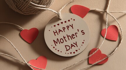 Happy Mother's Day message on tag with string and red heart shape papers arround. Concept for greeting card, invitation and love celebration