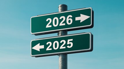 Fototapeta premium Directional road sign pointing to 2026 and 2025 against blue sky. Concept for financial planning, investment decisions and future predictions