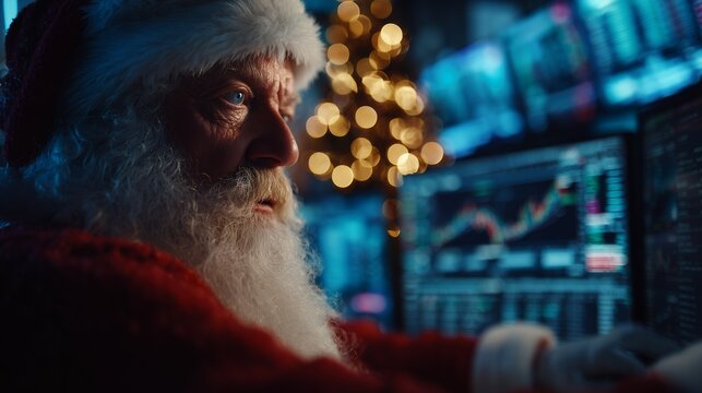 Santa Claus, depicted as a financial advisor, analyzes stock market data on multiple screens. Concept for investment strategy, year-end financial review, and seasonal market analysis