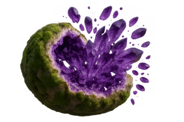 Amethyst geode exploding, purple quartz crystals scattering, natural mineral formation showing power and energy