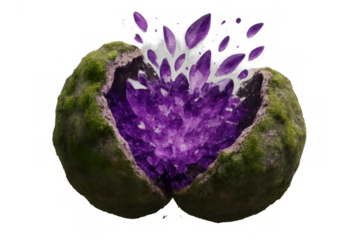 Geode releasing glowing amethyst crystals, magic energy emanating from a mossy rock, transparent background, fantasy concept