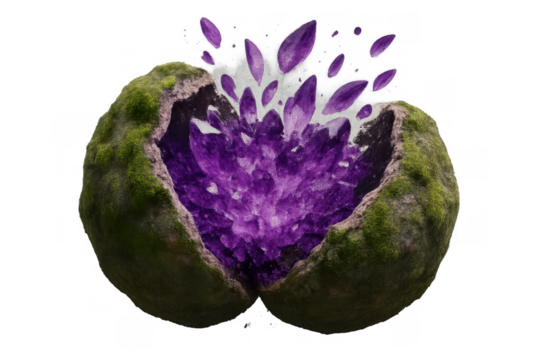 Geode releasing glowing amethyst crystals, magic energy emanating from a mossy rock, transparent background, fantasy concept