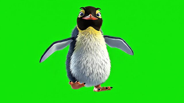 Adorable animated penguin character walking in front of a green screen background