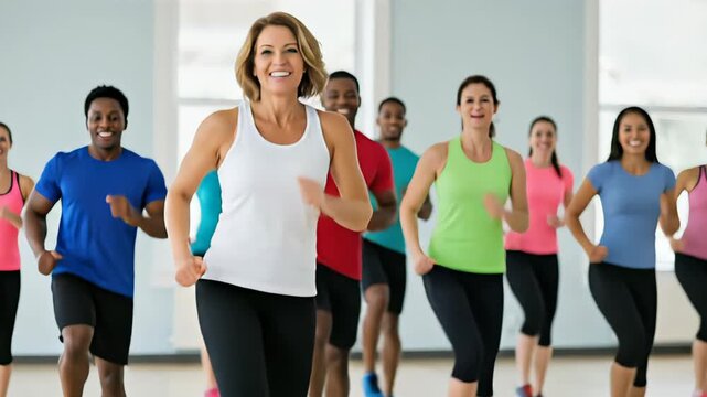 Energetic group fitness class led by confident female instructor, showcasing dynamic movement and enthusiasm, camera follows action with gradual zoom in on participants