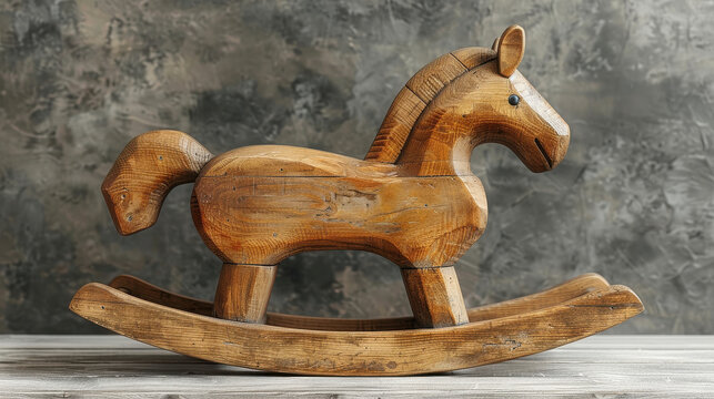 Antique wooden rocking horse toy isolated on a white background, evoking childhood memories and fun