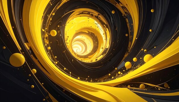 Abstract swirling tunnel of yellow and black, with small spheres - Powered by Adobe