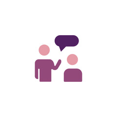 Flat icon showing two people with a chat bubble, symbolizing communication, teamwork, and conversation. Perfect for apps, customer support, messaging, collaboration, and modern business designs.