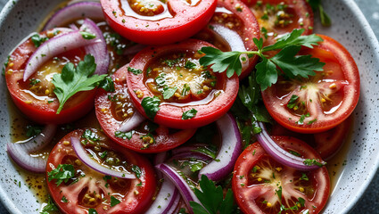Tomato salad bowl sliced tomatoes red onions herbs spices circular pattern white bowl textured surface gray countertop fresh vibrant colors generative AI