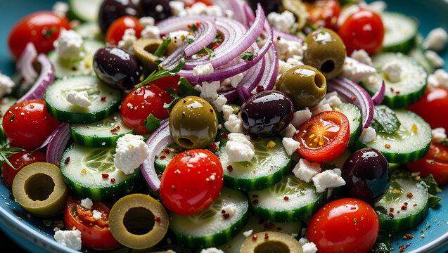 Salad cucumbers red onions cherry tomatoes olives feta cheese herbs spices circular pattern colorful fresh appetizing close up vibrant food generative AI