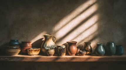 Rustic pottery collection bathed in sunlight creates a warm, inviting atmosphere perfect for home decor or artisanal product presentations